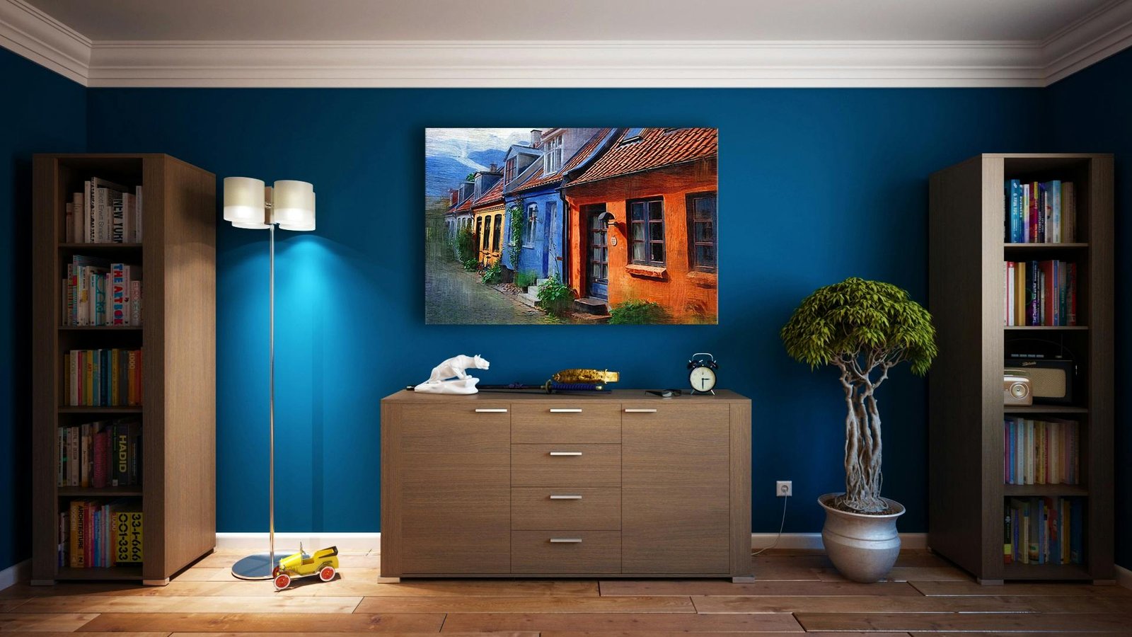 Foto de sala de estar azul con decoración